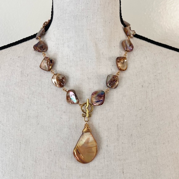 Handmade Jewelry - Gold Aurora Borealis Mother of Pearl Nuggets Statement Necklace